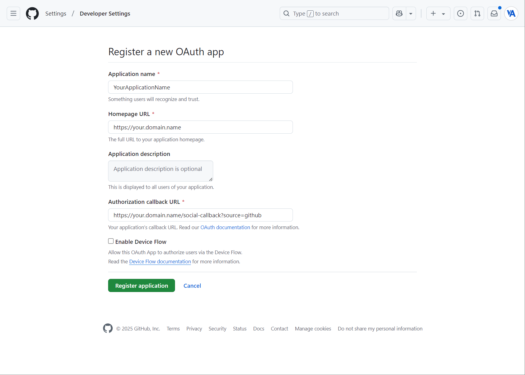 Github OAuth App Creation