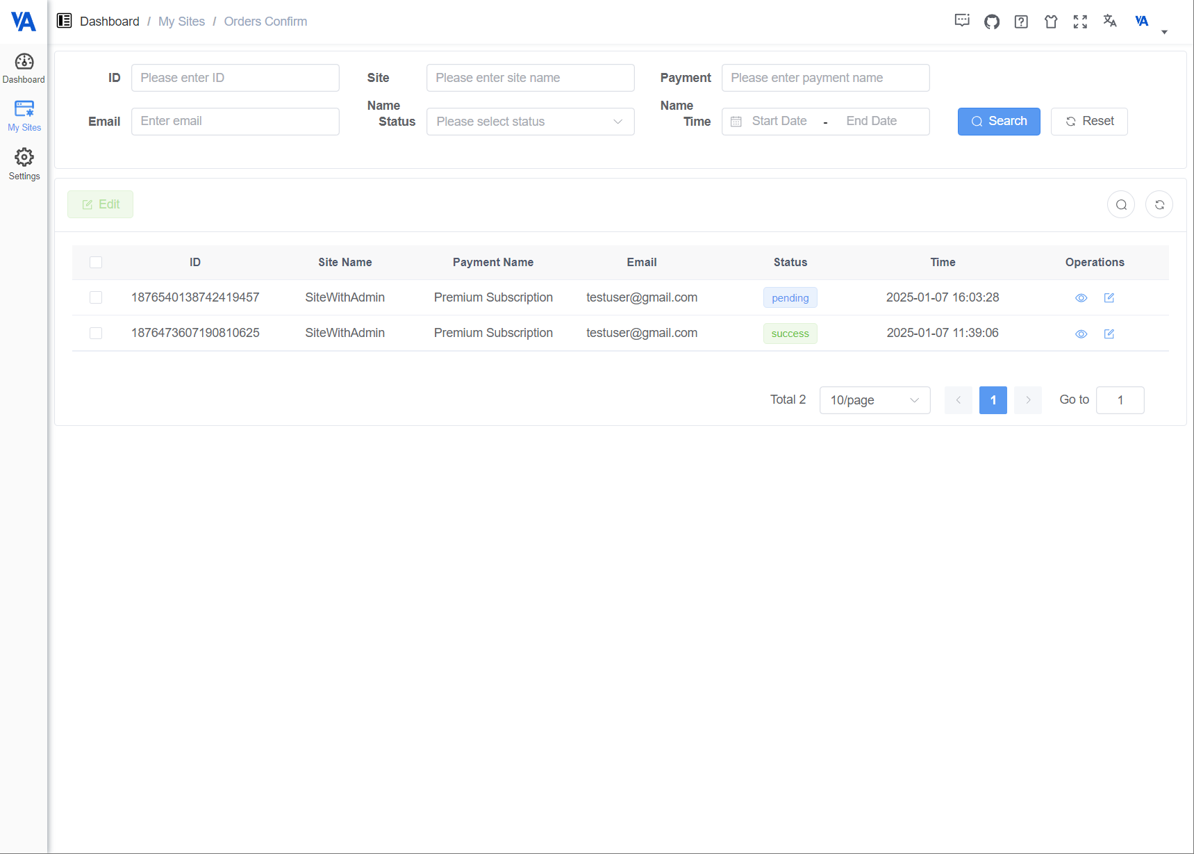 Payments Confirm List